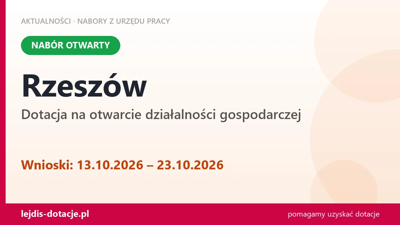 Rzeszów: trwa nabór na dotację na otwarcie działalności gospodarczej (13 października 2026)