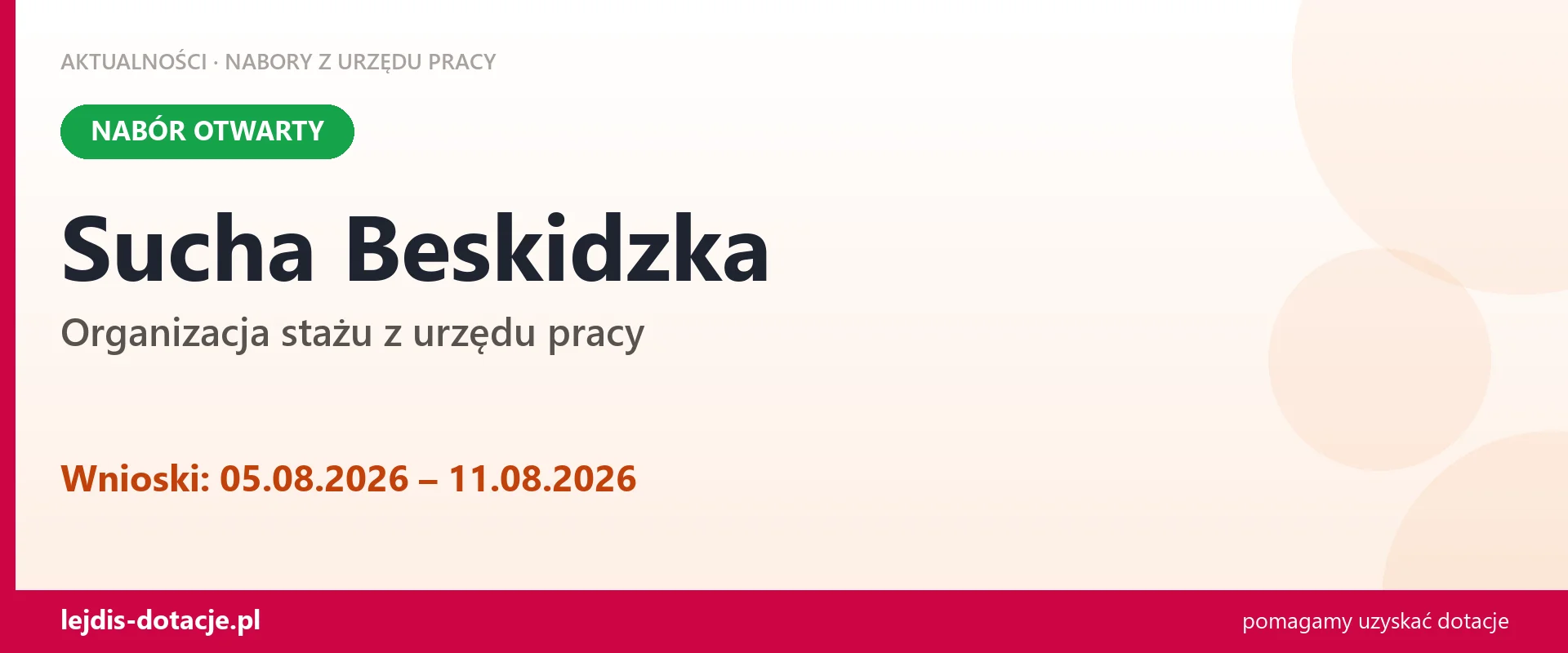 Sucha Beskidzka: trwa nabór na organizację stażu (5 sierpnia 2026)