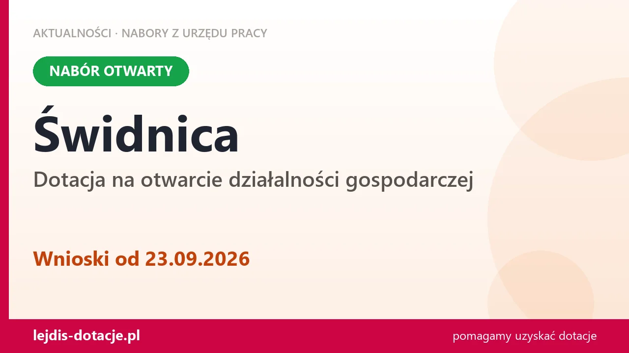 Świdnica: trwa nabór na dotację na otwarcie działalności gospodarczej (23 września 2026)
