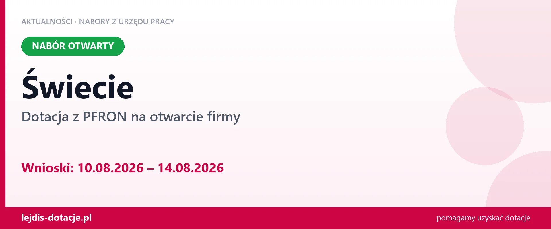 Świecie: trwa nabór na dotację z PFRON na otwarcie firmy (10 sierpnia 2026)