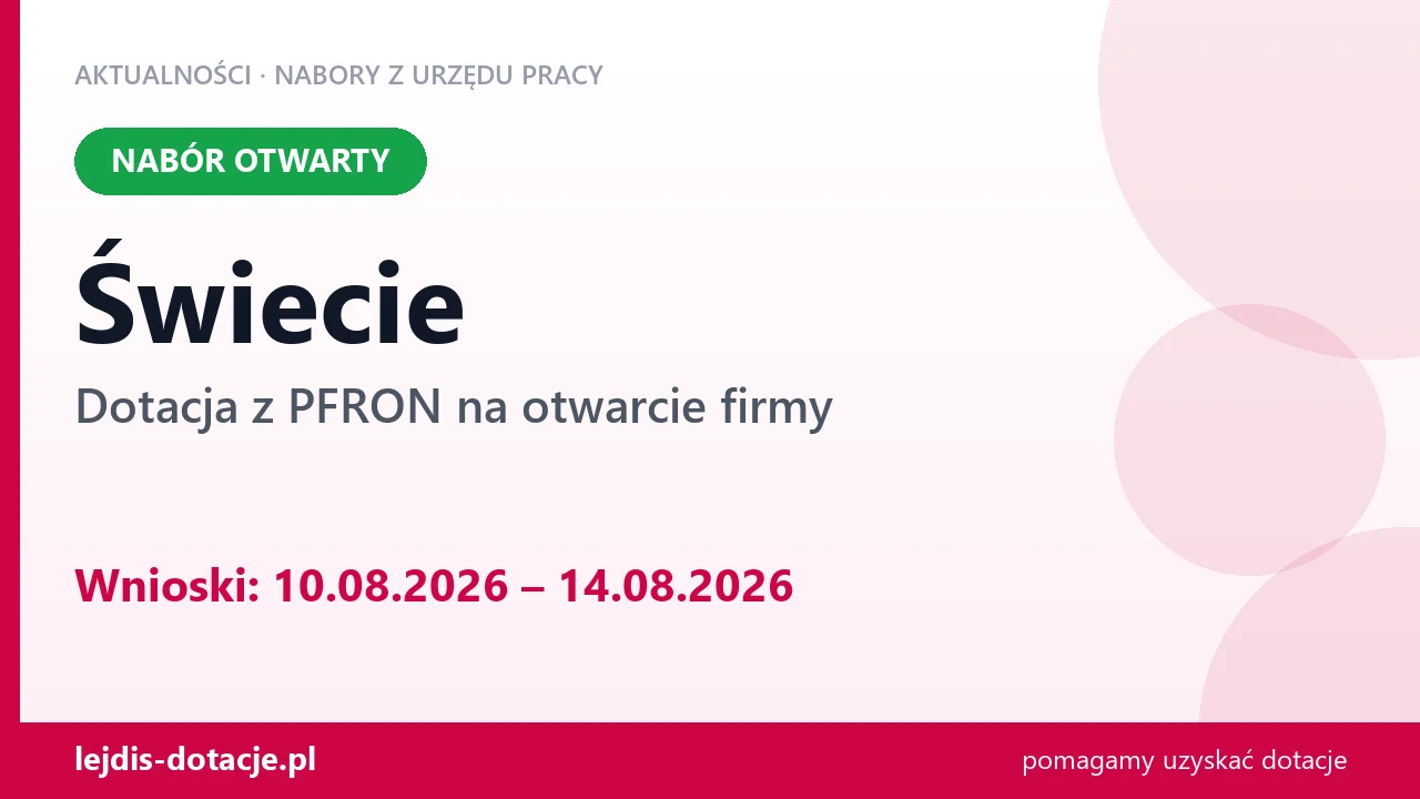 Świecie: trwa nabór na dotację z PFRON na otwarcie firmy (10 sierpnia 2026)