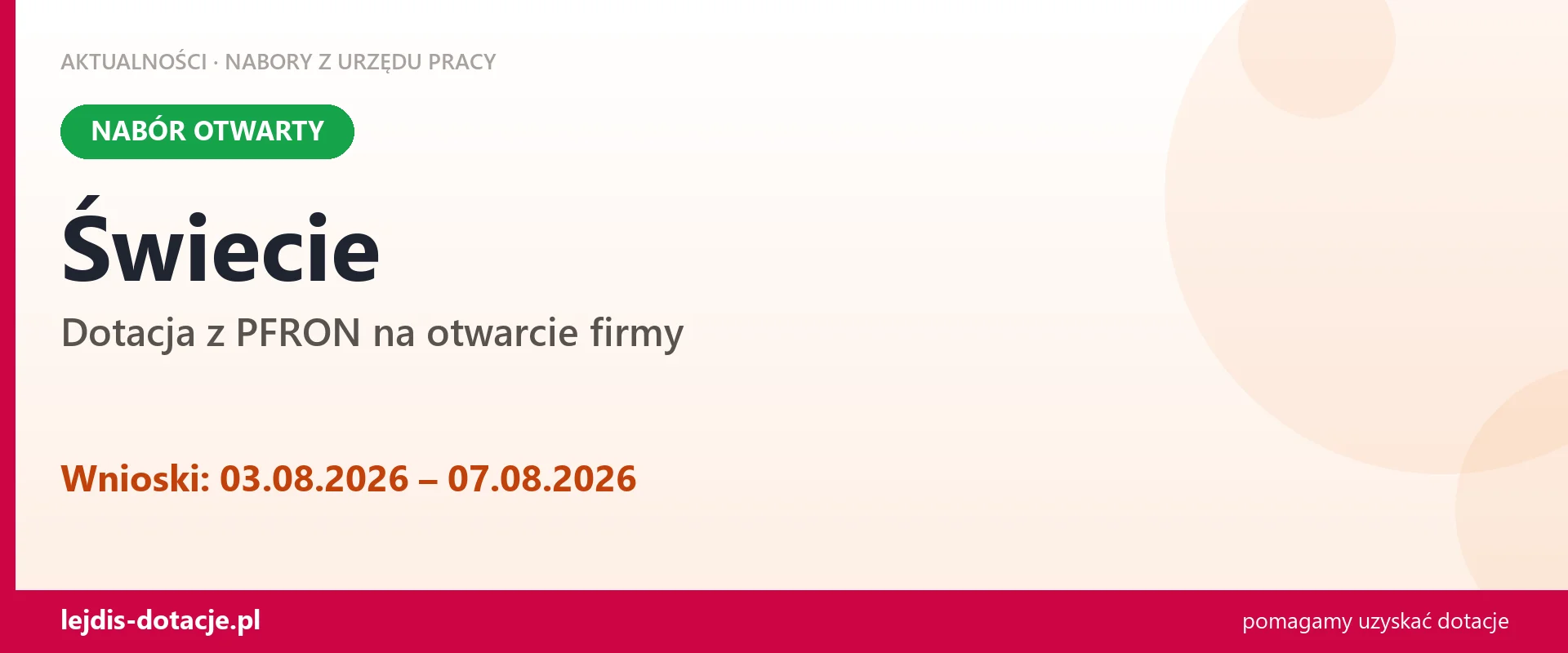 Świecie: trwa nabór na dotację z PFRON na otwarcie firmy (3 sierpnia 2026)
