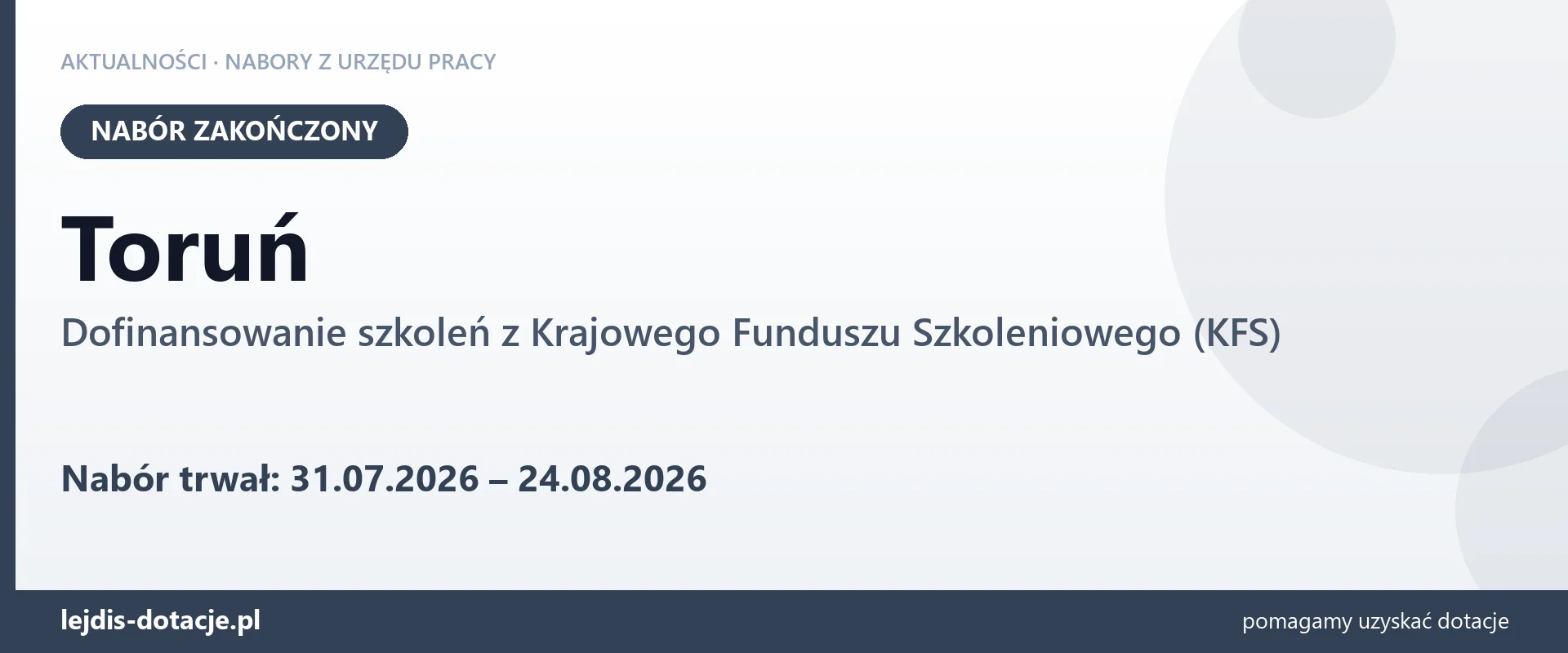 Toruń: nabór na dofinansowanie szkoleń z KFS zakończony (24 sierpnia 2026)