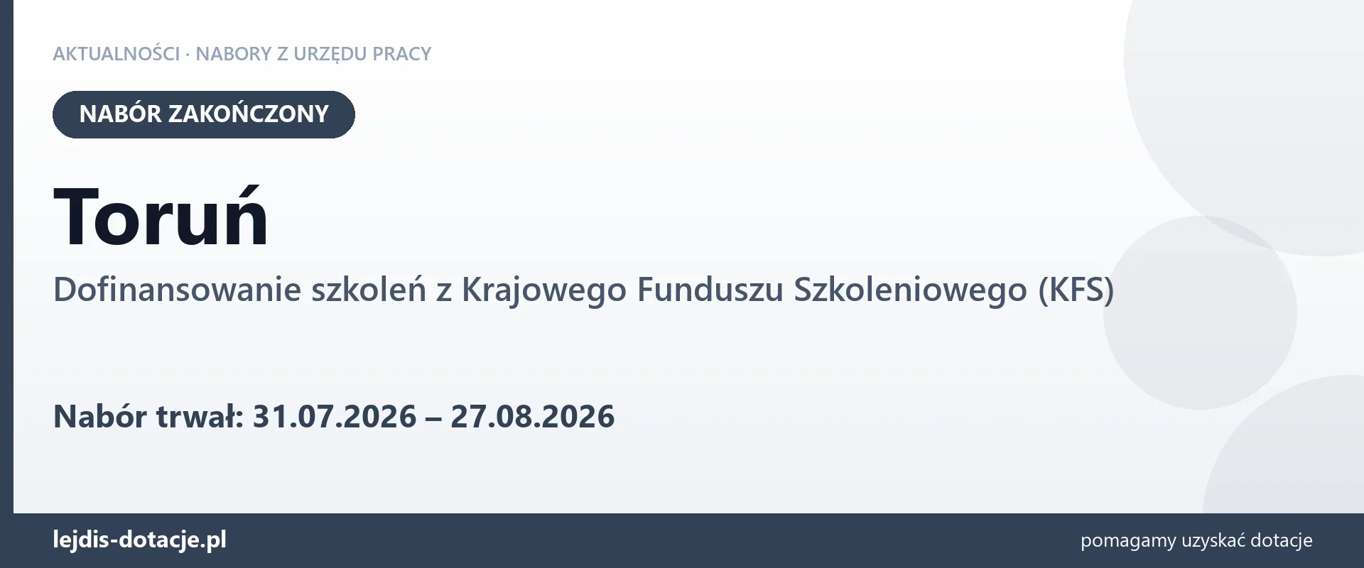 Toruń: nabór na dofinansowanie szkoleń z KFS zakończony (27 sierpnia 2026)