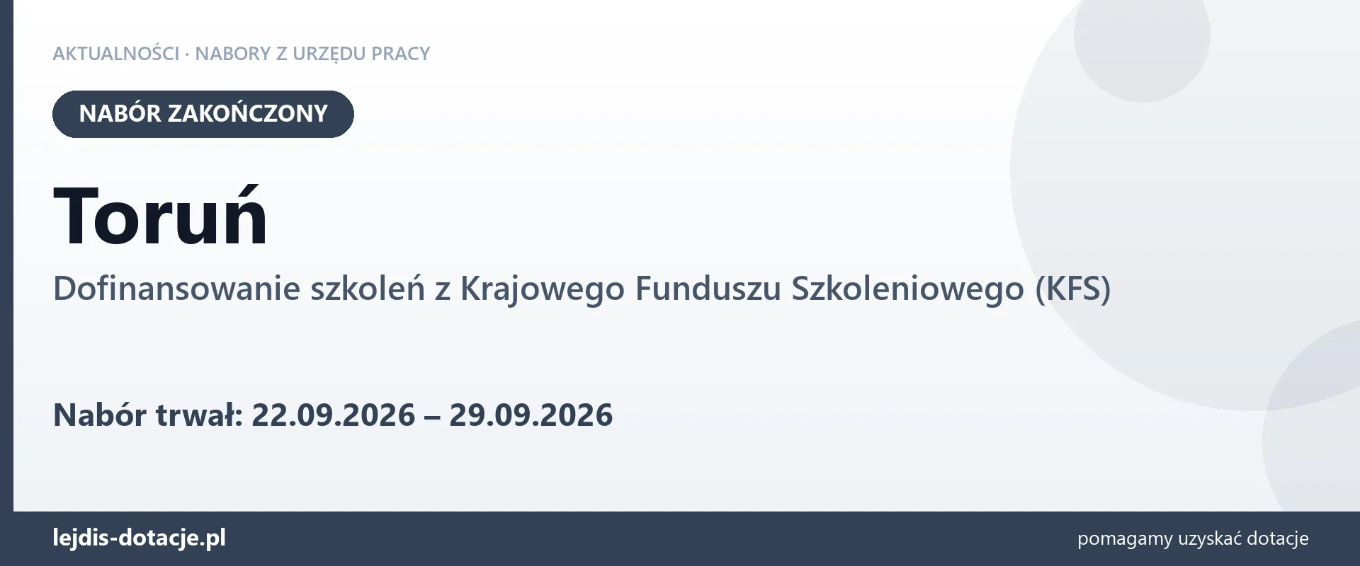 Toruń: nabór na dofinansowanie szkoleń z KFS zakończony (29 września 2026)
