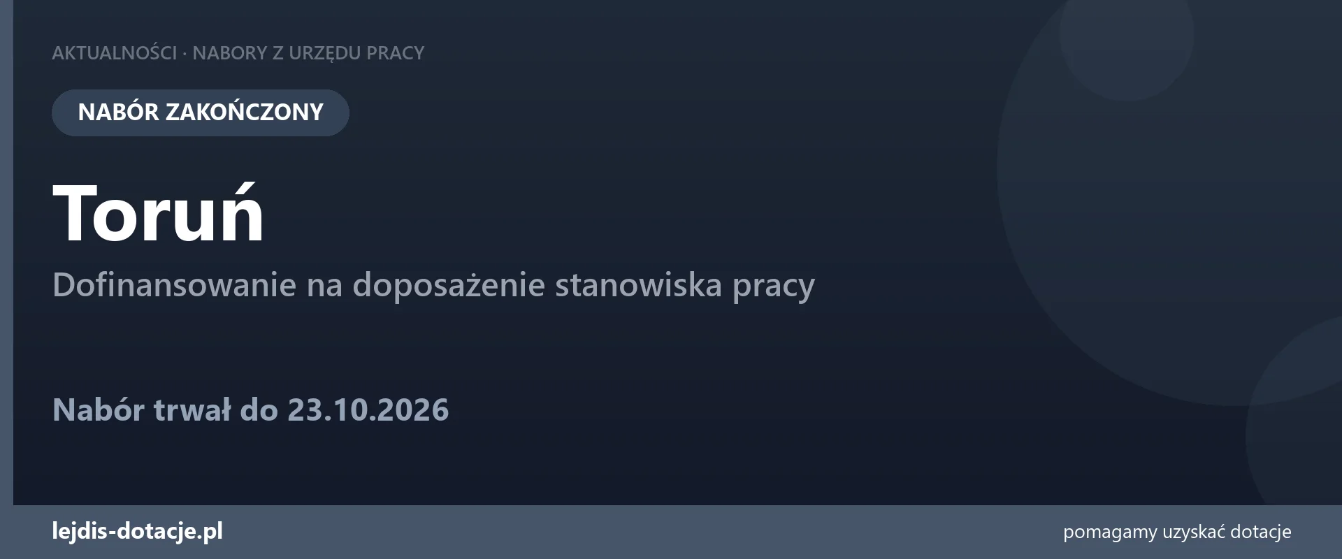 Toruń: nabór na doposażenie stanowiska pracy zakończony (23 października 2026)