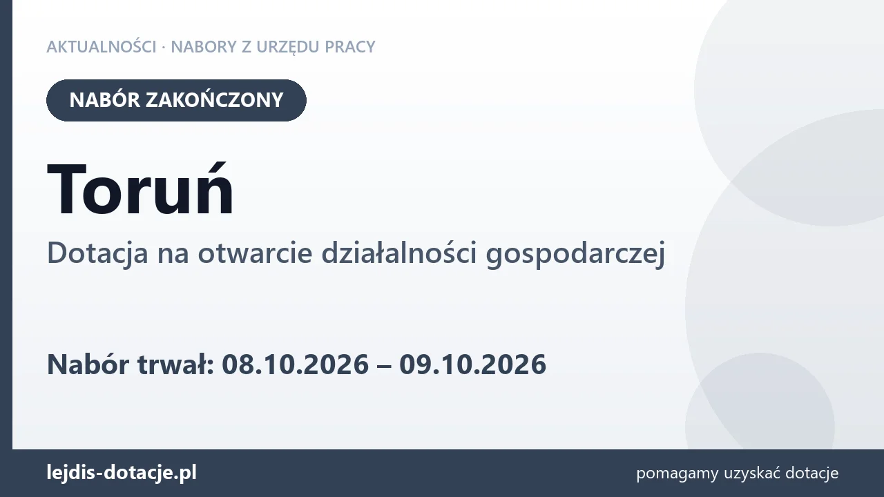 Toruń: nabór na dotację na otwarcie działalności gospodarczej zakończony (9 października 2026)