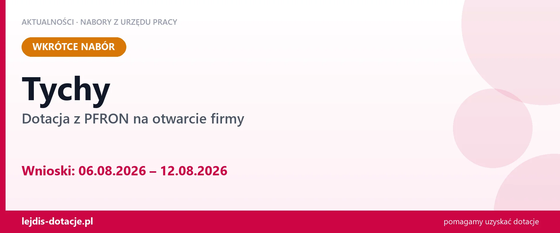 Tychy: od 06.08.2026 rusza nabór na dotację z PFRON na otwarcie firmy (6 sierpnia 2026)