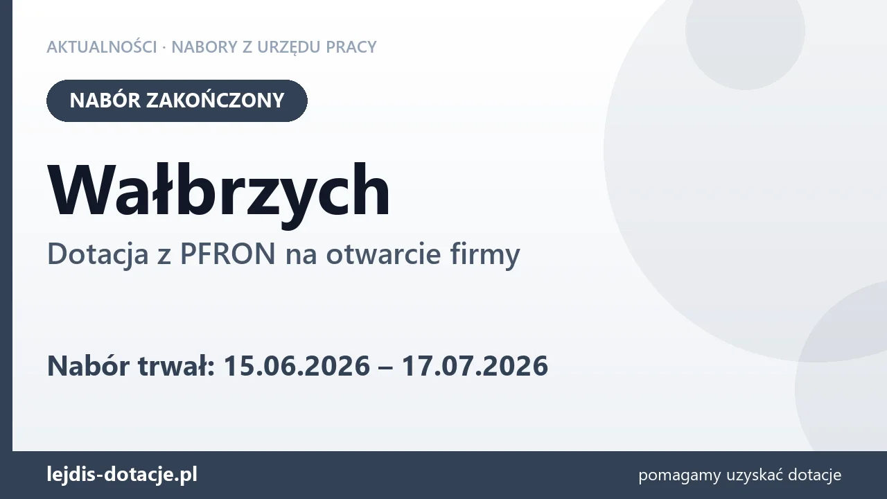 Wałbrzych: nabór na dotację z PFRON na otwarcie firmy zakończony (17 lipca 2026)