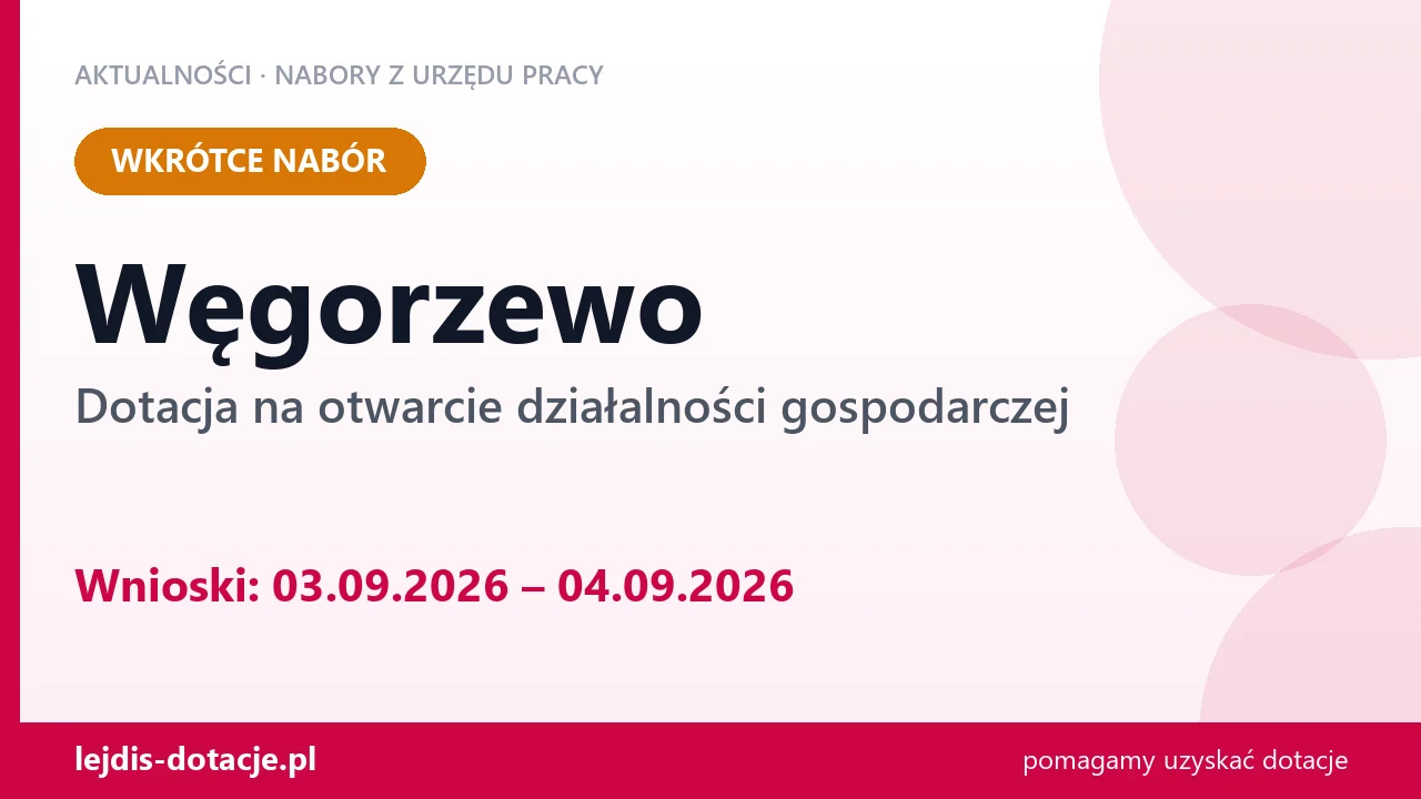 Węgorzewo: od 03.09.2026 rusza nabór na dotację na otwarcie działalności gospodarczej (3 września 2026)