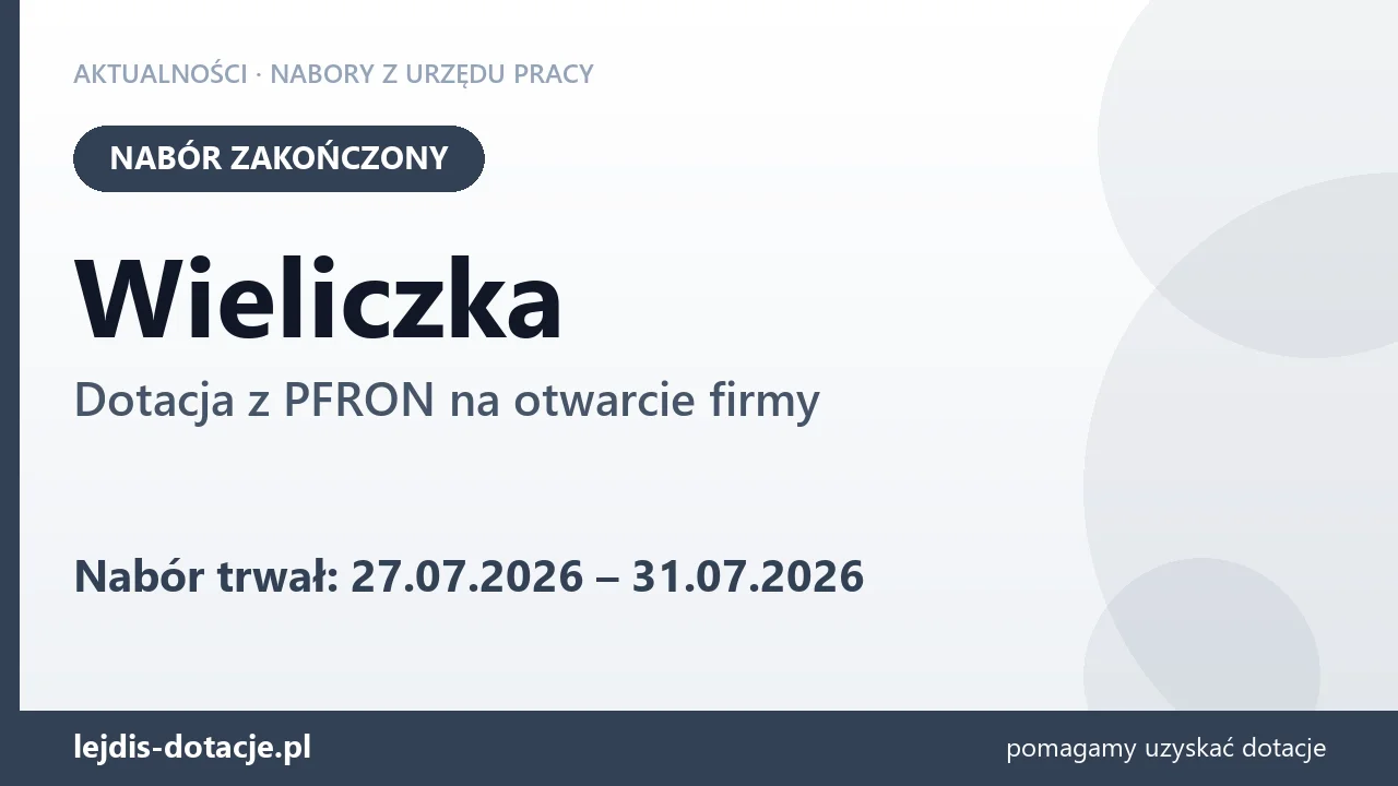 Wieliczka: nabór na dotację z PFRON na otwarcie firmy zakończony (31 lipca 2026)