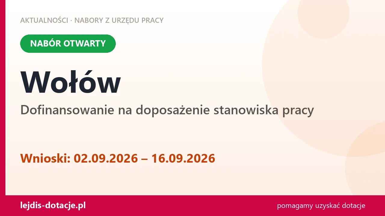 Wołów: trwa nabór na dofinansowanie na doposażenie stanowiska pracy (2 września 2026)