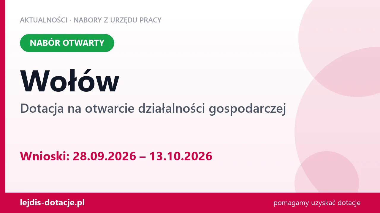 Wołów: trwa nabór na dotację na otwarcie działalności gospodarczej (28 września 2026)