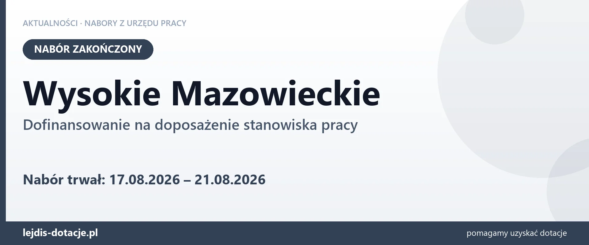 Wysokie Mazowieckie: nabór na dofinansowanie na doposażenie stanowiska pracy zakończony (21 sierpnia 2026)