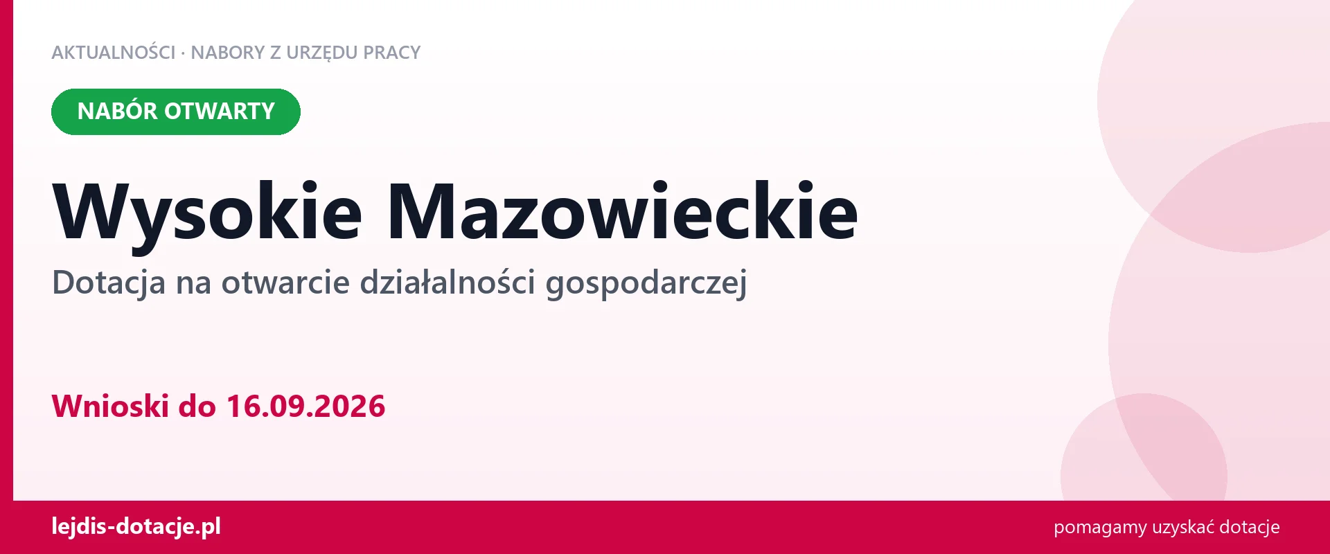 Wysokie Mazowieckie: trwa nabór na dotację na otwarcie działalności gospodarczej (16 września 2026)