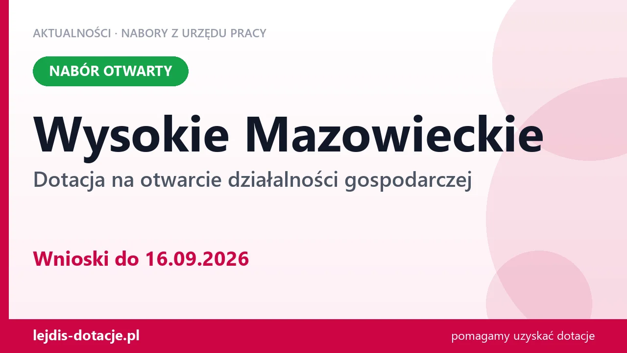 Wysokie Mazowieckie: trwa nabór na dotację na otwarcie działalności gospodarczej (16 września 2026)