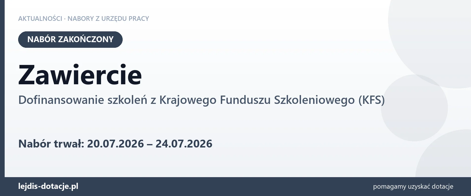 Zawiercie: nabór na dofinansowanie szkoleń z KFS zakończony (24 lipca 2026)