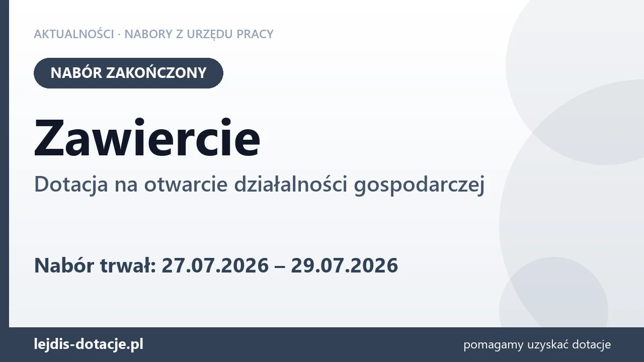 Zawiercie: nabór na dotację na otwarcie działalności gospodarczej zakończony (29 lipca 2026)