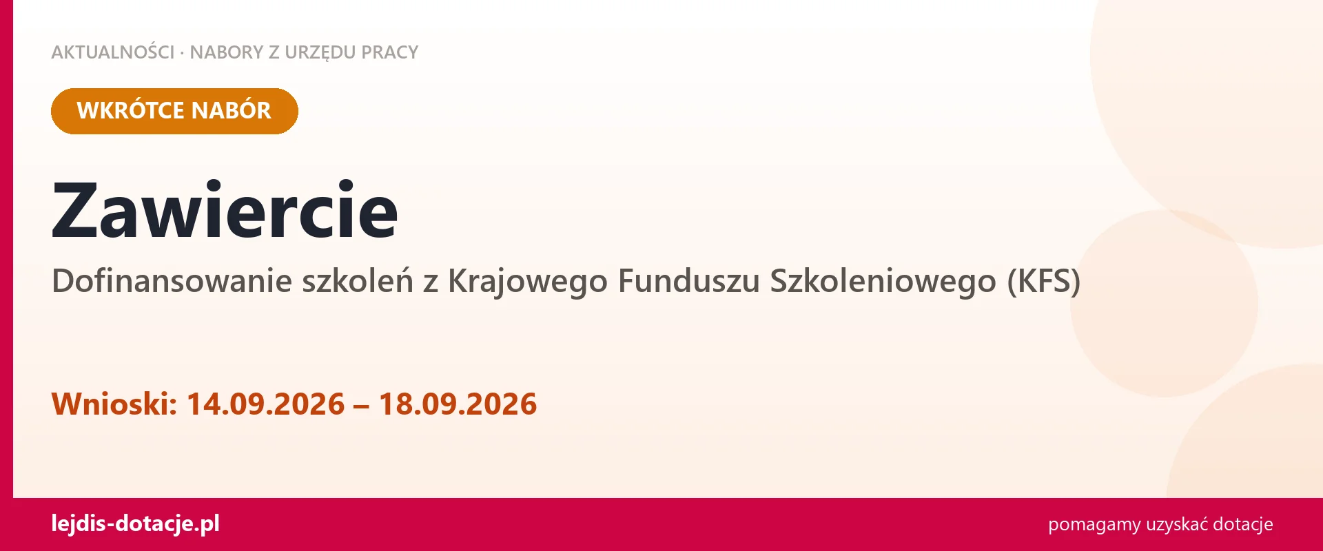 Zawiercie: od 14.09.2026 rusza nabór na dofinansowanie szkoleń z KFS (14 września 2026)