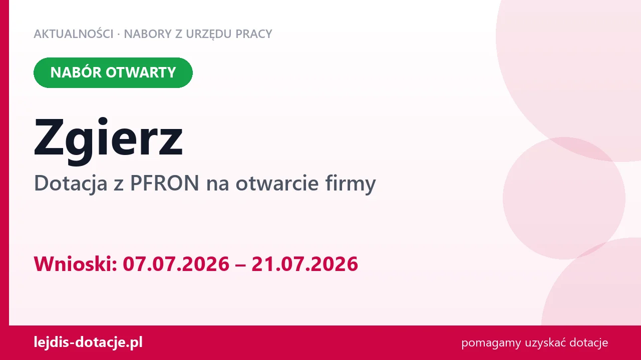 Zgierz: trwa nabór na dotację z PFRON na otwarcie firmy (7 lipca 2026)