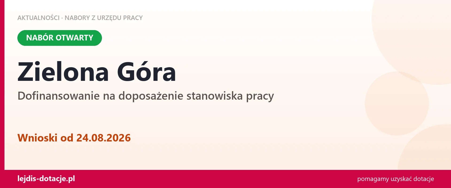 Zielona Góra: trwa nabór na dofinansowanie na doposażenie stanowiska pracy (24 sierpnia 2026)