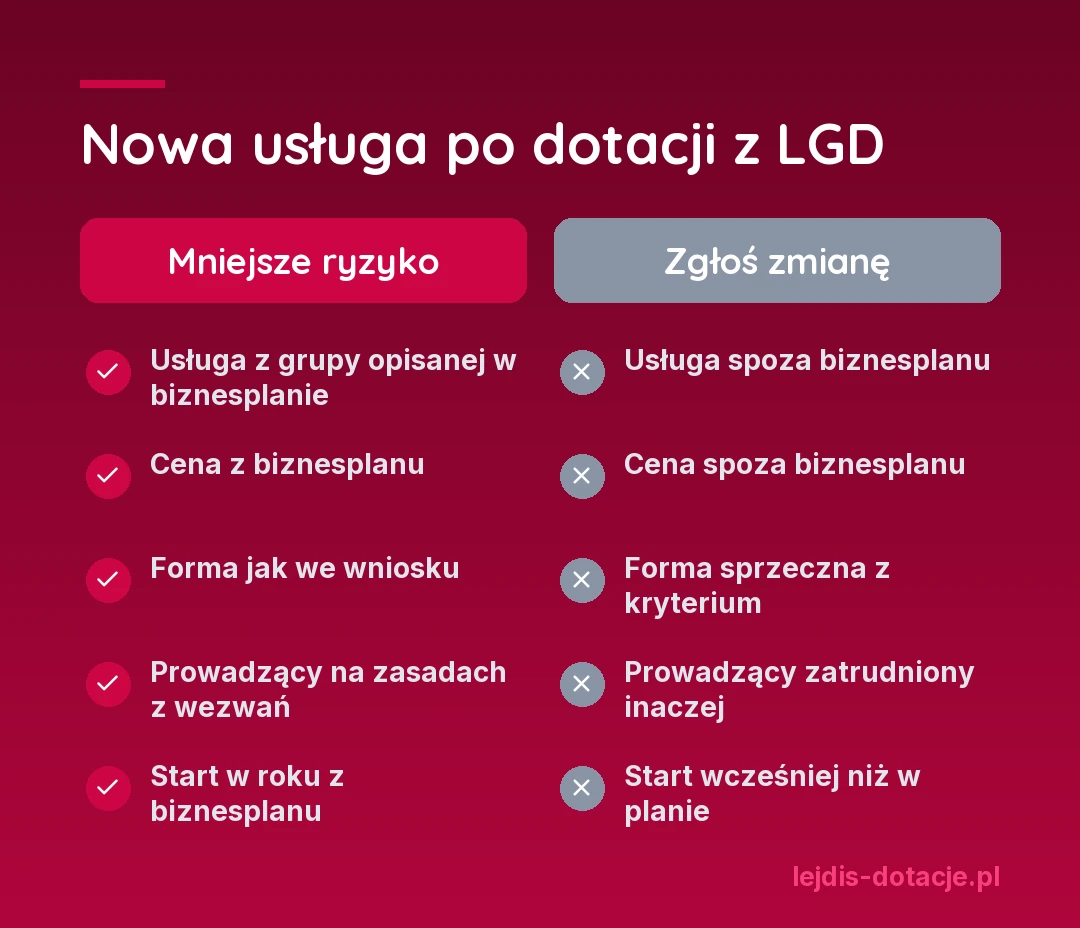 Nowa usługa po dotacji z LGD: mniejsze ryzyko, gdy jest z grupy opisanej w biznesplanie, ma cenę z biznesplanu, formę jak we wniosku, prowadzącego na zasadach z wezwań i start w roku z biznesplanu; w przeciwnym razie zgłoś zmianę
