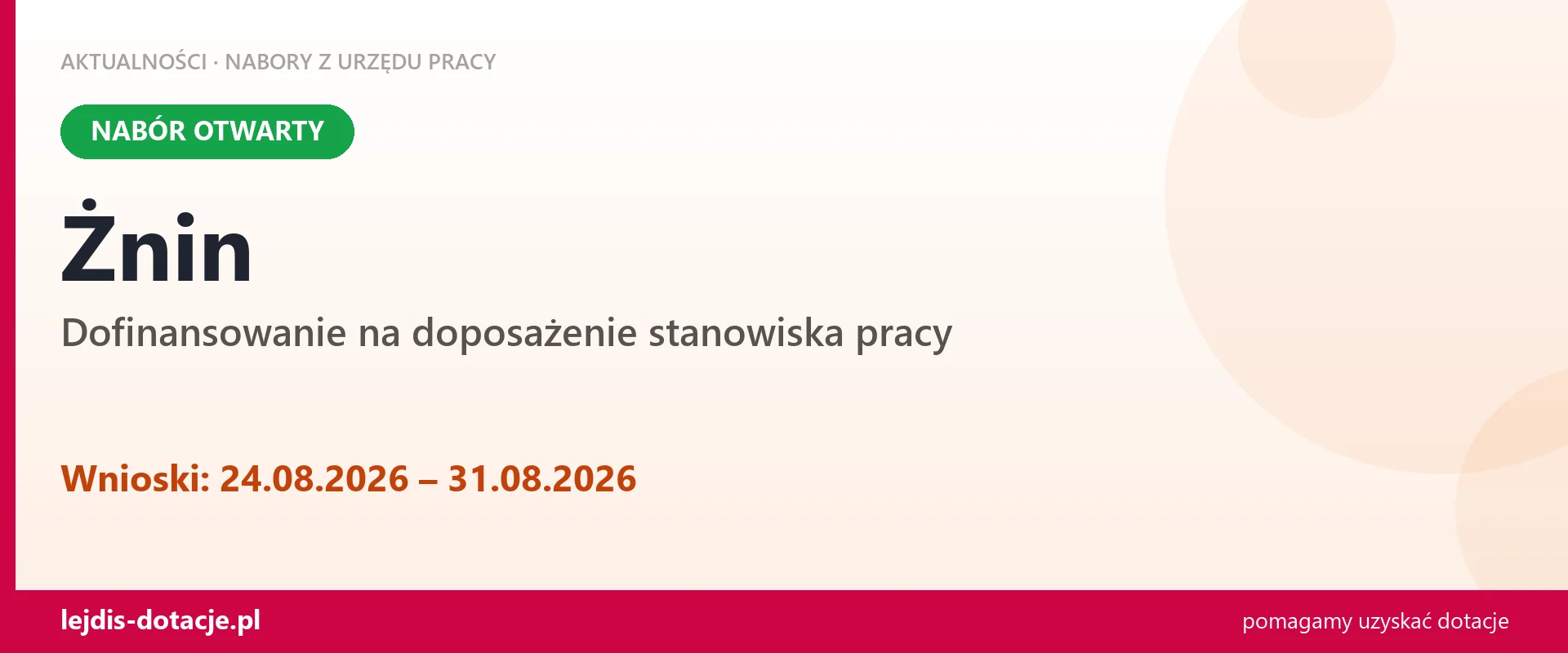 Żnin: trwa nabór na dofinansowanie na doposażenie stanowiska pracy (24 sierpnia 2026)
