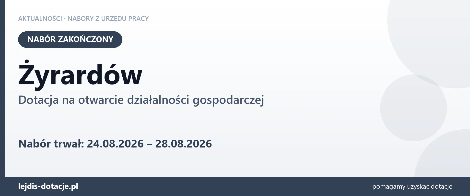Żyrardów: nabór na dotację na otwarcie działalności gospodarczej zakończony (28 sierpnia 2026)
